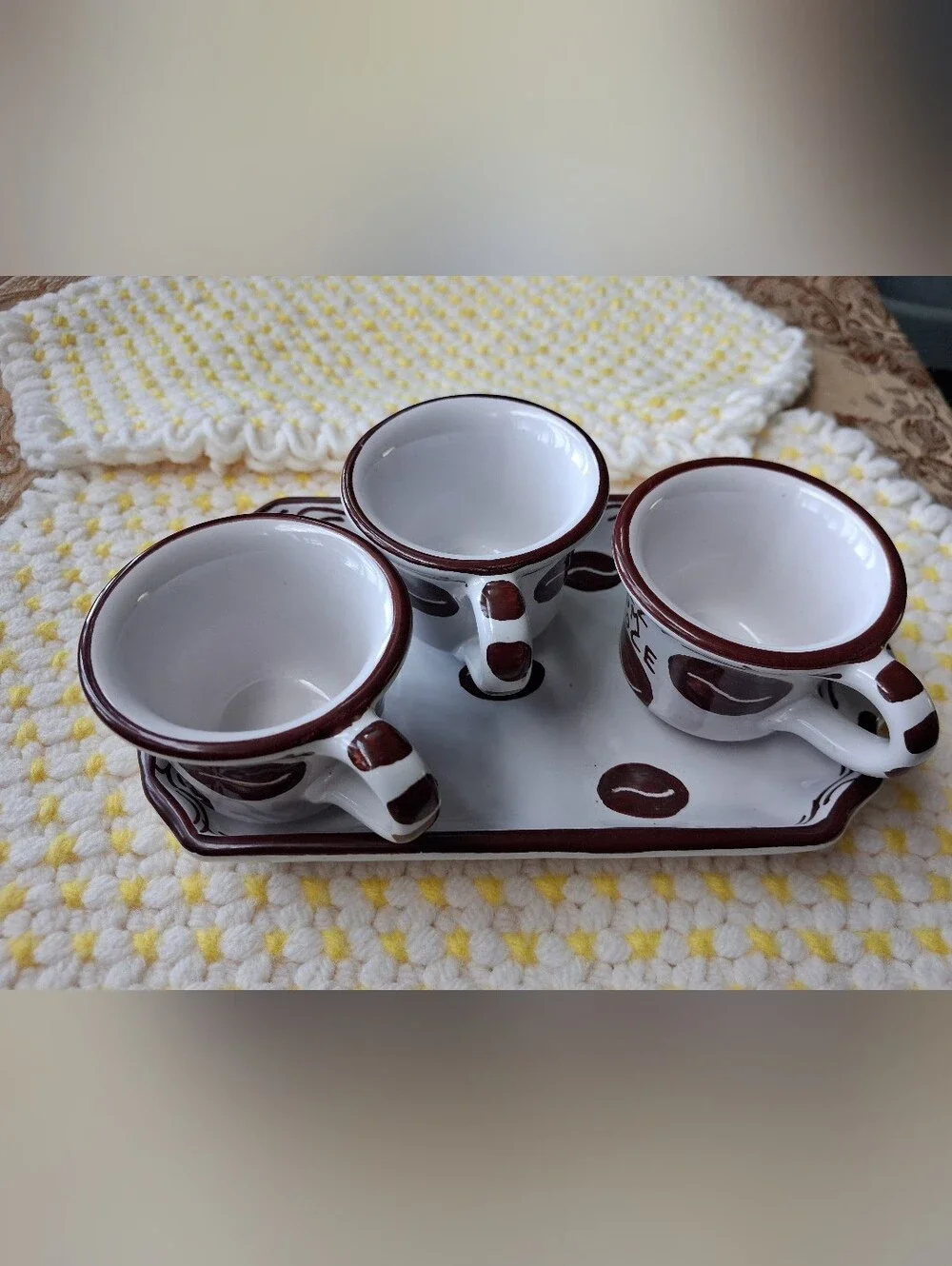 Ceramic Espresso Cup and Serving Tray Set in White with Brown Accents